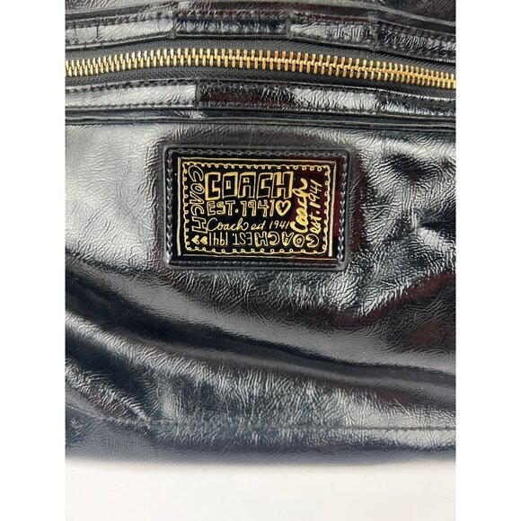 Coach Daisy Patent Leather Gloss Shoulder Bag Black Gold Zip Pendant - Picture 2 of 15